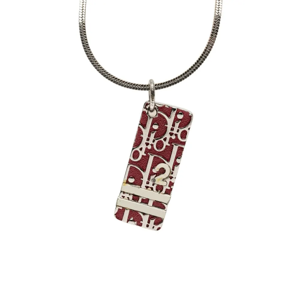 Dior Brass Enamel Trotter Plate Pendant Necklace Silver Metal Very good - Back View