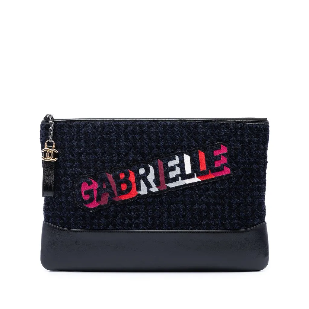 Chanel Large Tweed and Calfskin Embroidered Gabrielle O Case Clutch Blue Very good - Front View