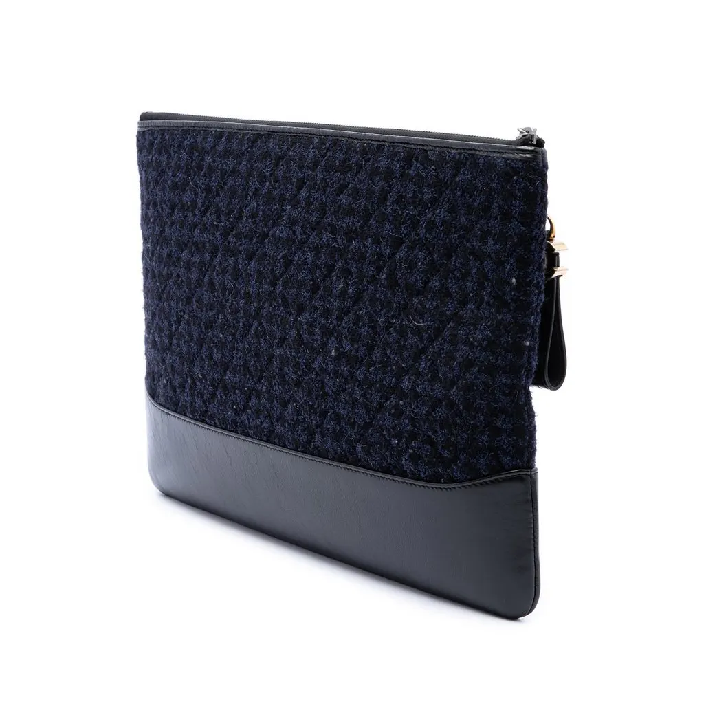 Chanel Large Tweed and Calfskin Embroidered Gabrielle O Case Clutch Blue Very good - Back View