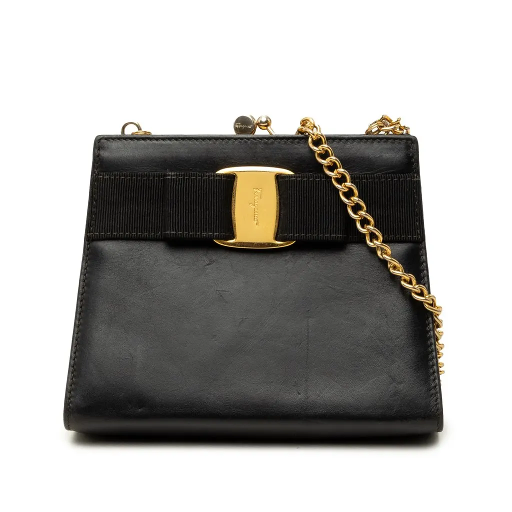 Salvatore Ferragamo Leather Vara Bow Kiss Lock Chain Crossbody Black Leather Good - Front View
