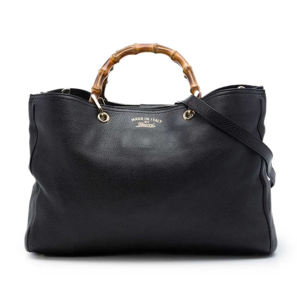 Gucci Large Calfskin Bamboo Shopper Satchel Black Leather Very good - Front View