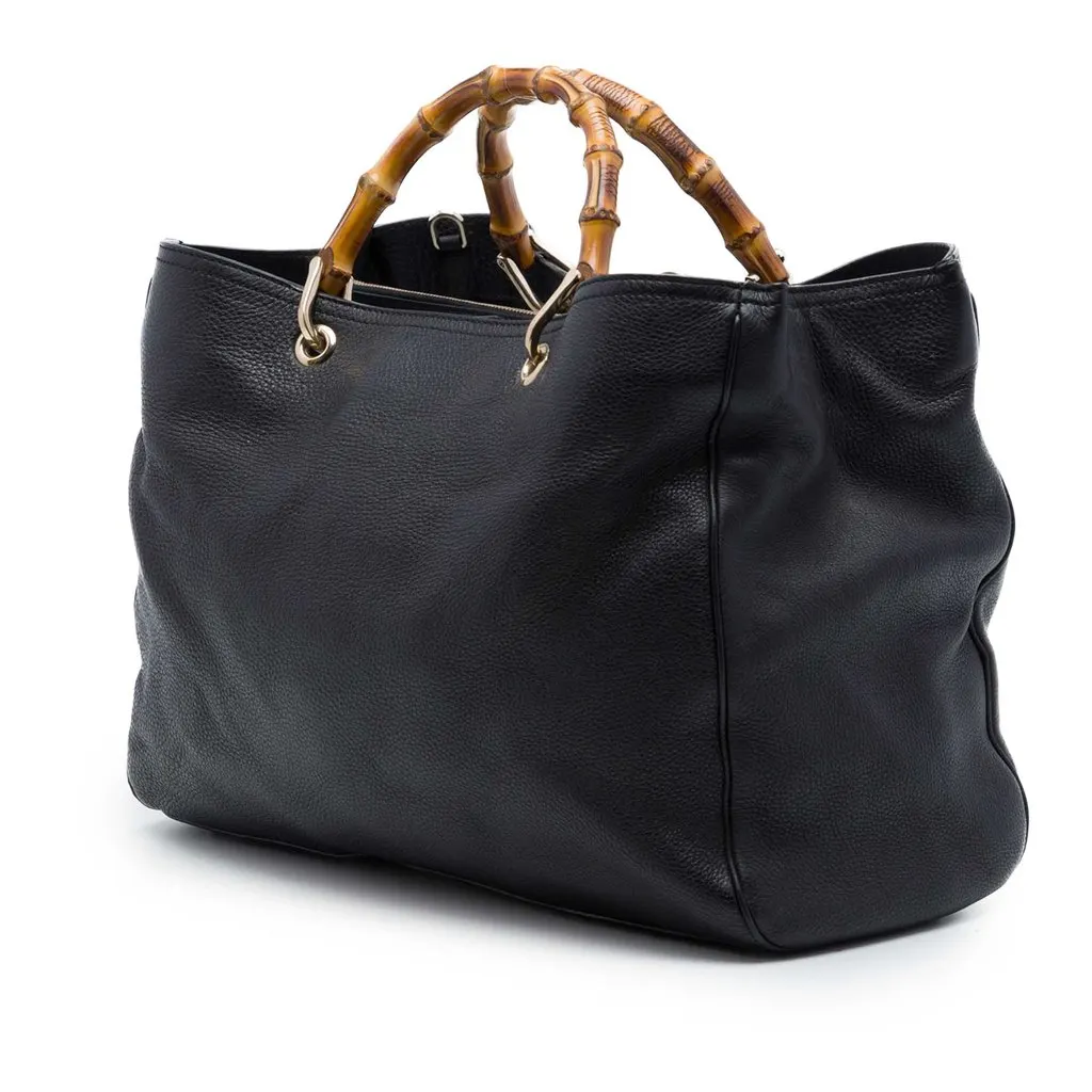 Gucci Large Calfskin Bamboo Shopper Satchel Black Leather Very good - Back View