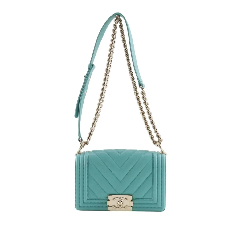 Chanel Small Chevron Caviar Boy Flap Blue Leather Very good - Front View