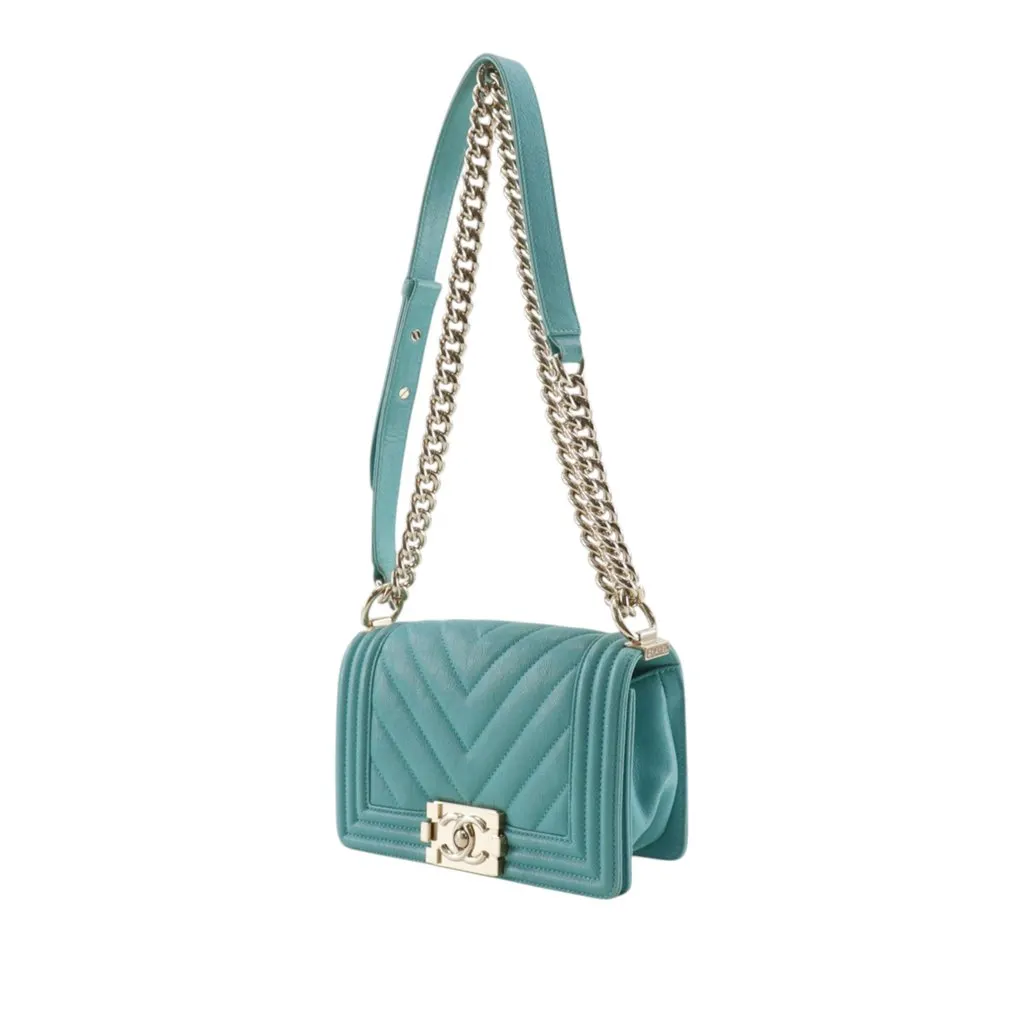 Chanel Small Chevron Caviar Boy Flap Blue Leather Very good - Back View