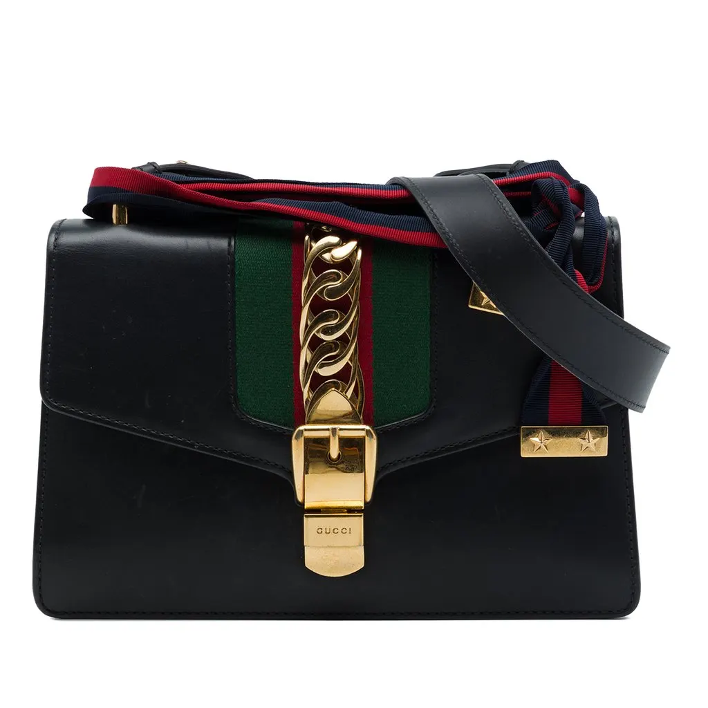 Gucci Small Calfskin Web Sylvie Satchel Black Leather Very good - Front View