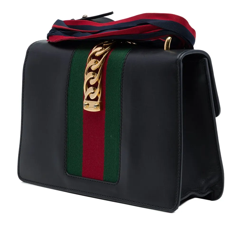 Gucci Small Calfskin Web Sylvie Satchel Black Leather Very good - Back View