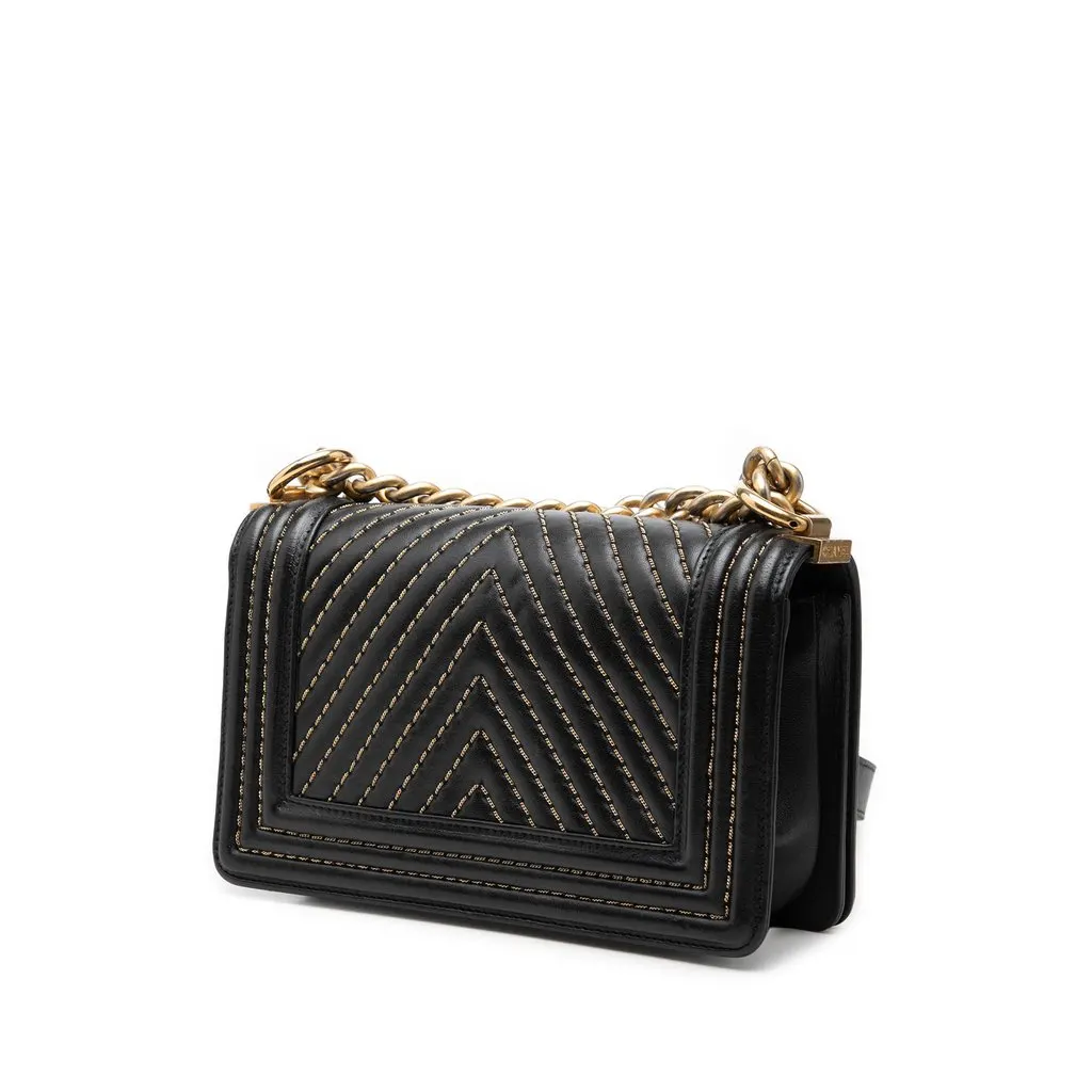 Chanel Small Chevron Lambskin Stitched Boy Flap Black Leather Very good - Back View