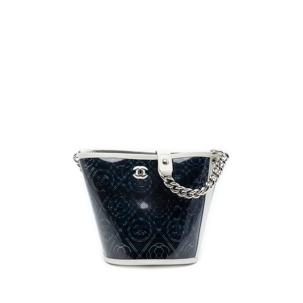 Chanel Small PVC and Crumpled Calfskin Camellia Coco Bucket Bag Black Plastic Very good - Front View
