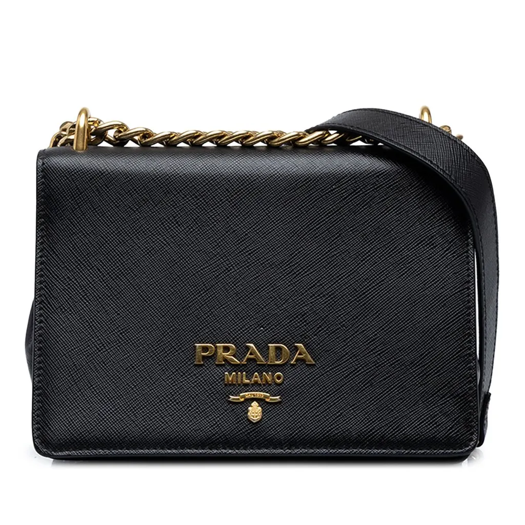 Prada Saffiano Lux Chain Crossbody Black Leather Good - Front View