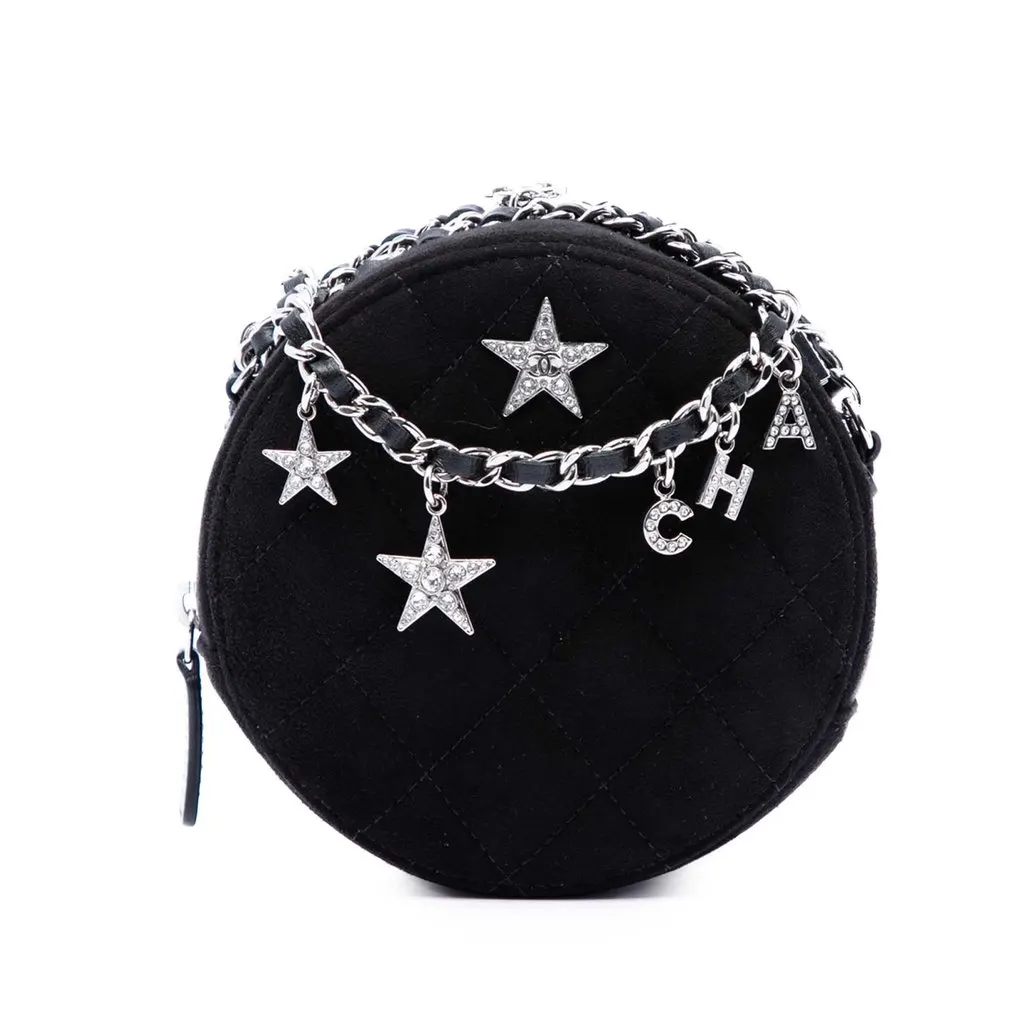 Chanel Quilted Suede Cocostellar Round Clutch with Chain Black Leather Very good - Front View