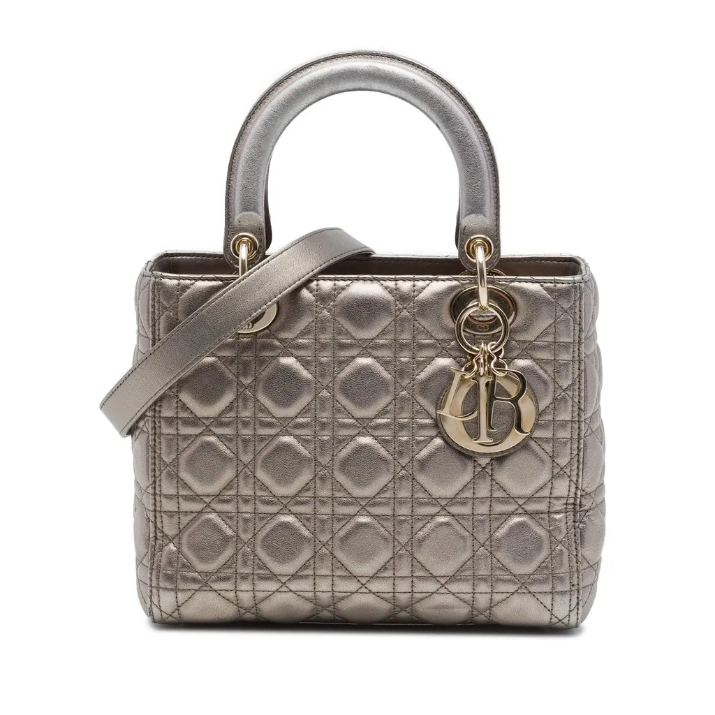 Dior متوسطة ميتاليك جلد الحمل كاناج ليدي ديور