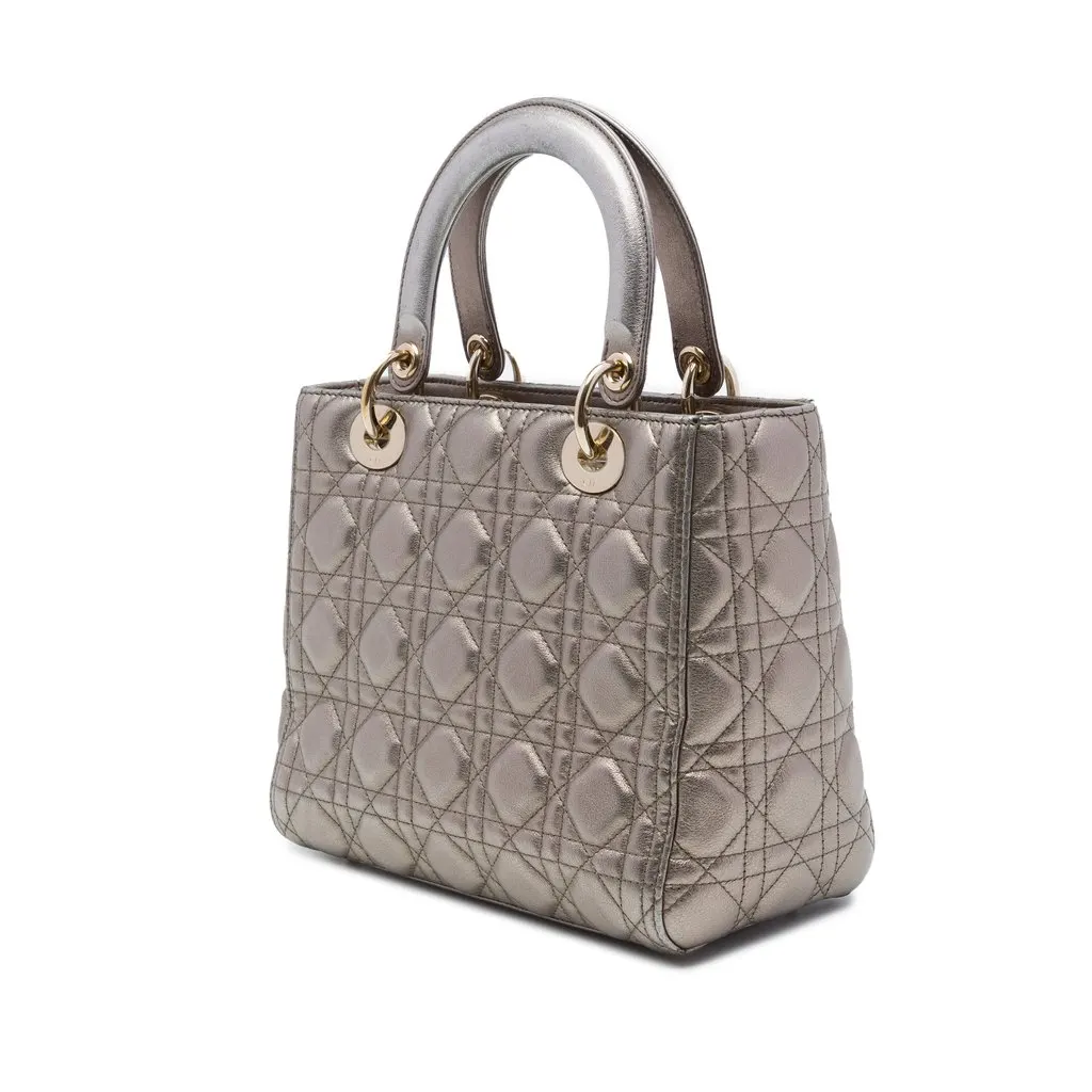 Dior Medium Metallic Lambskin Cannage Lady Dior Silver Leather Very good - Back View