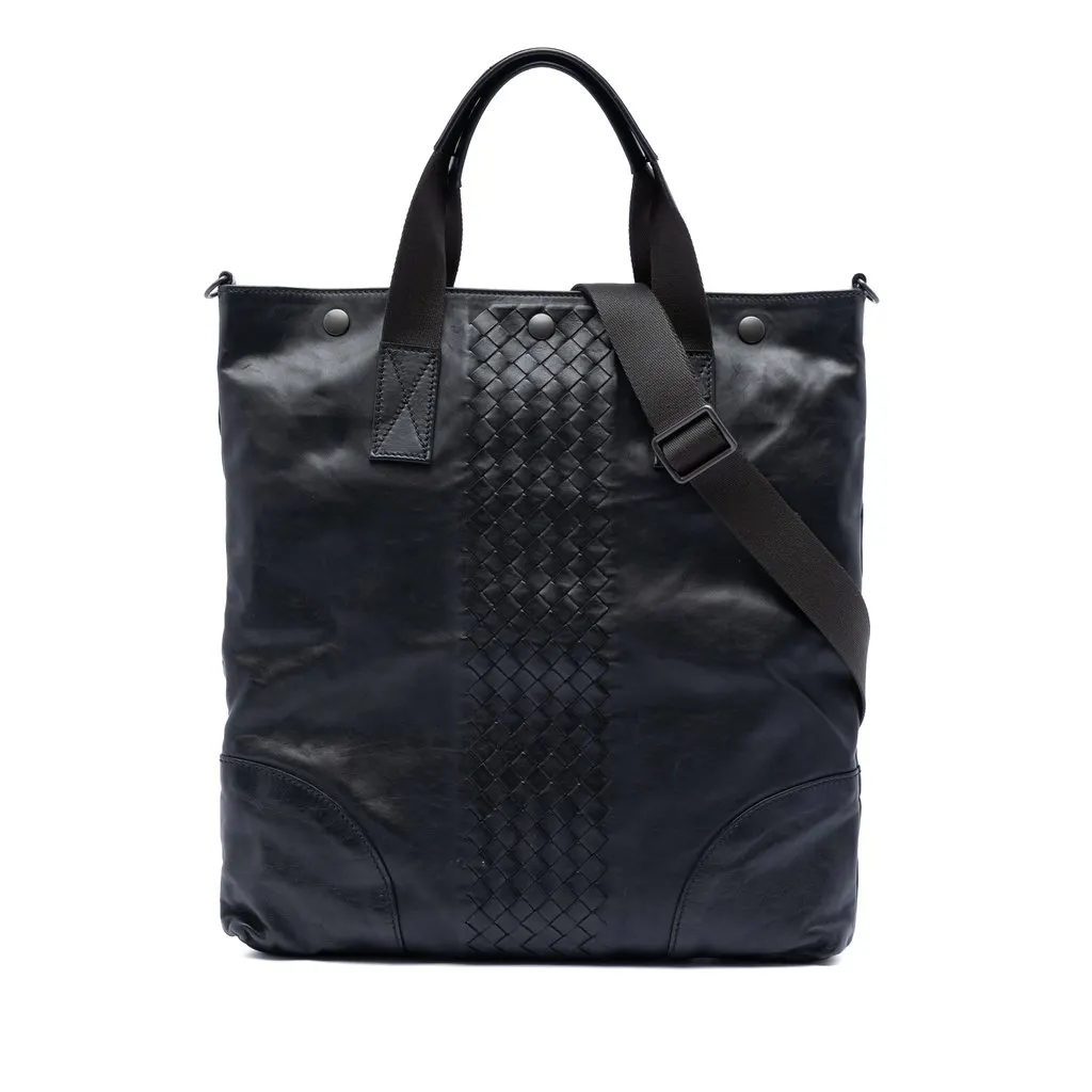 Bottega Veneta Intrecciato Trimmed Nappa Convertible Tote Black Leather Very good - Front View