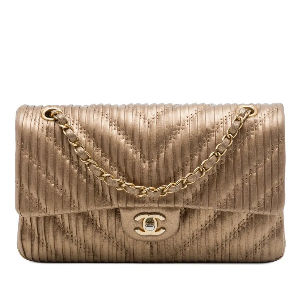 Chanel Medium Classic Chevron Calfskin Pleated Double Flap Brown Leather Good - Front View