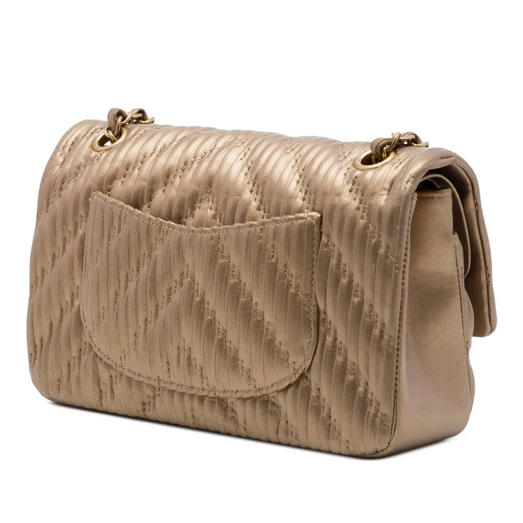 Chanel Medium Classic Chevron Calfskin Pleated Double Flap Brown Leather Good - Back View