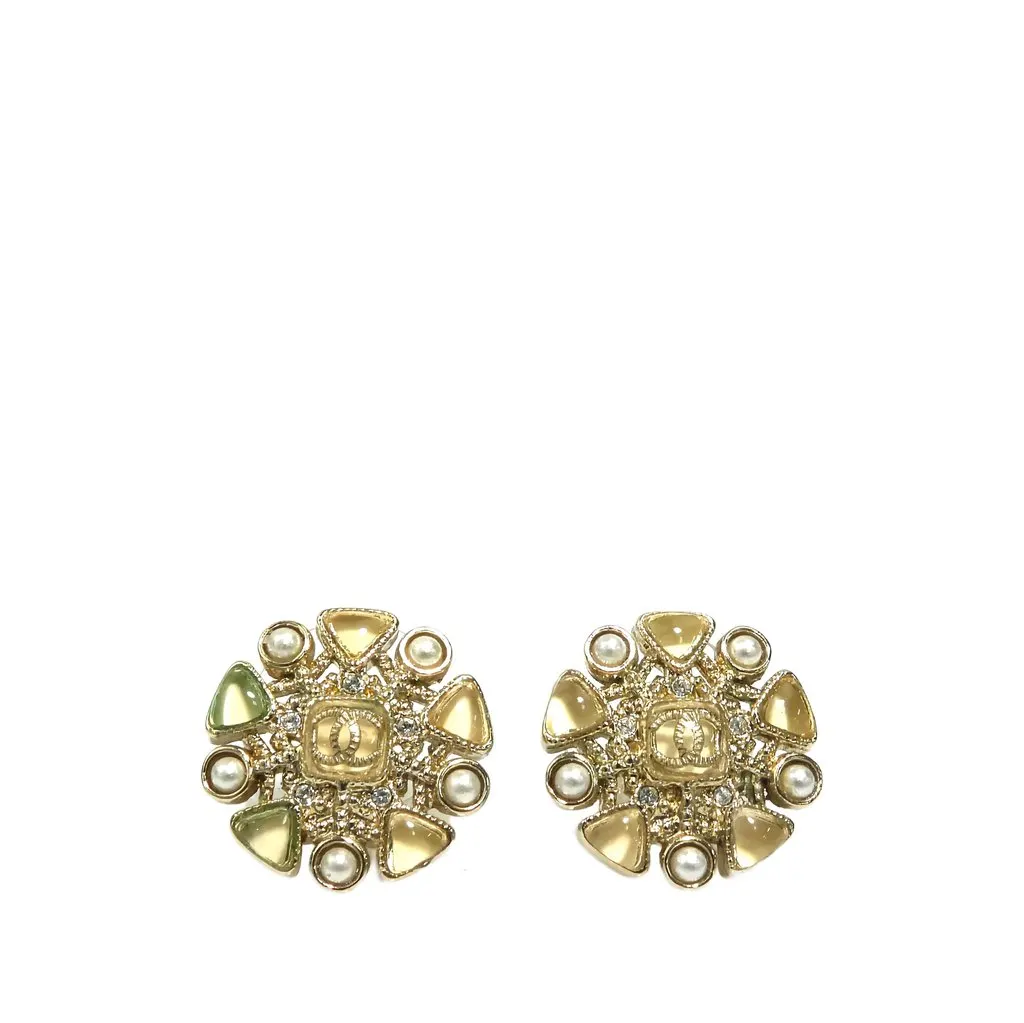 Chanel CC Brass Resin and Faux Pearl Snowflake Push Back Earrings Gold Brass Very good - Front View