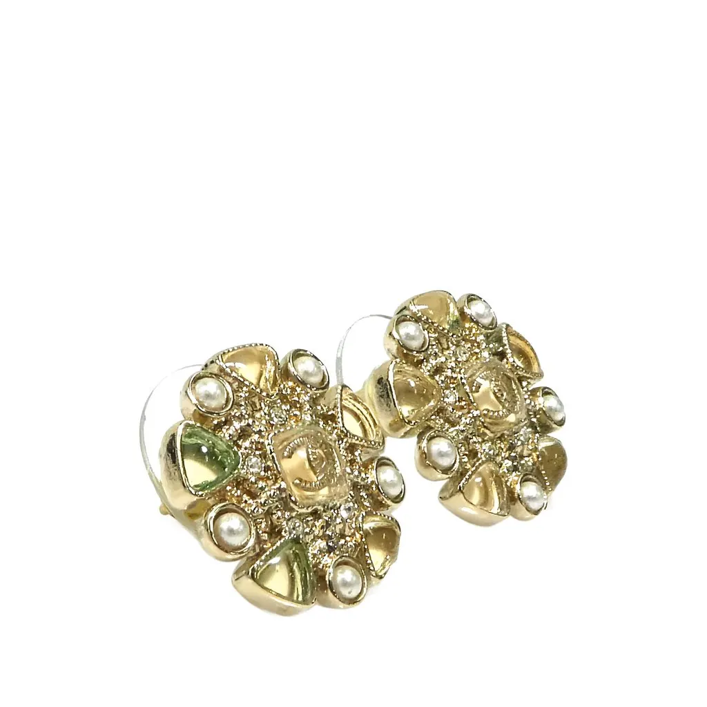 Chanel CC Brass Resin and Faux Pearl Snowflake Push Back Earrings Gold Brass Very good - Back View