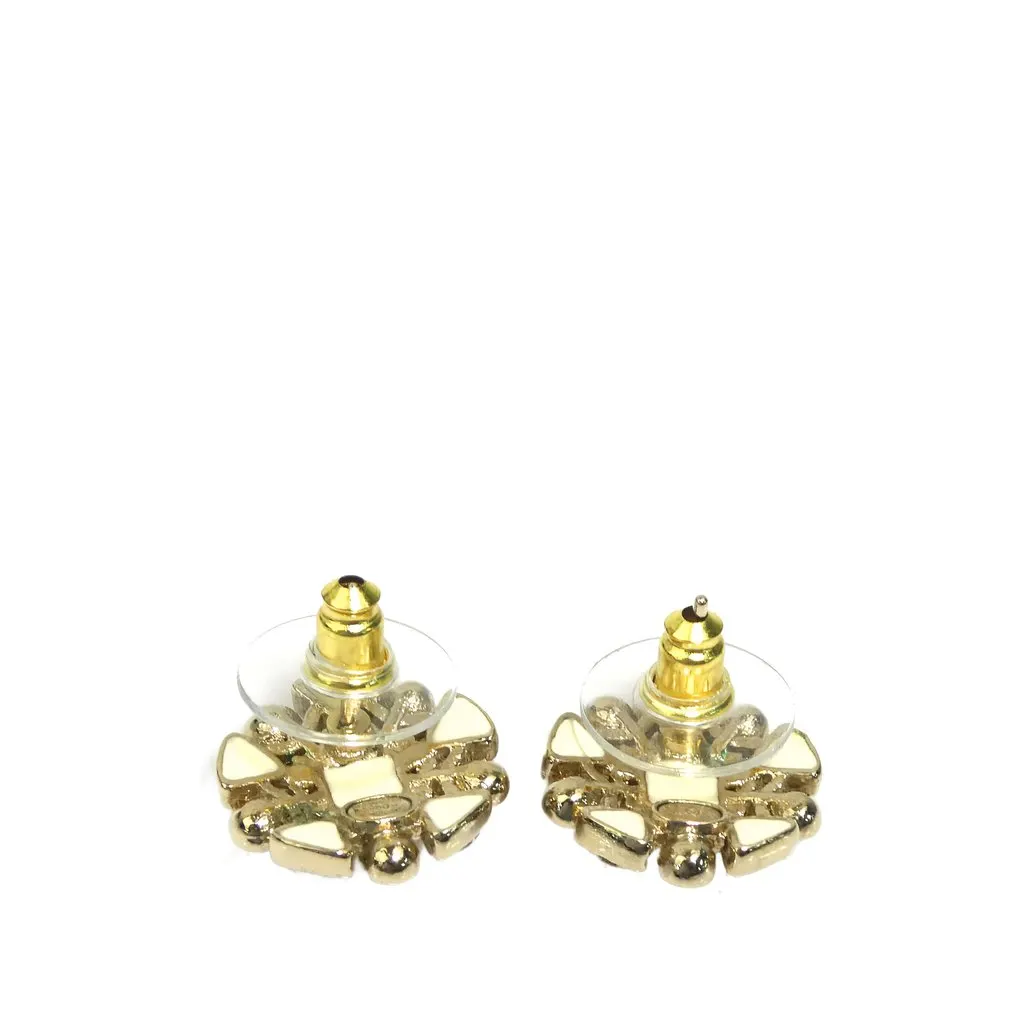 Chanel CC Brass Resin and Faux Pearl Snowflake Push Back Earrings Gold Brass Very good - Inside View