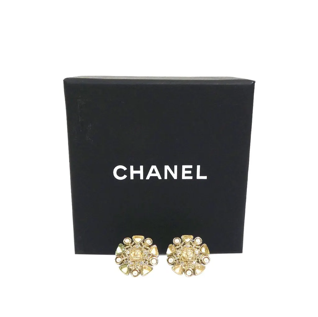 Chanel CC Brass Resin and Faux Pearl Snowflake Push Back Earrings Gold Brass Very good - Box View