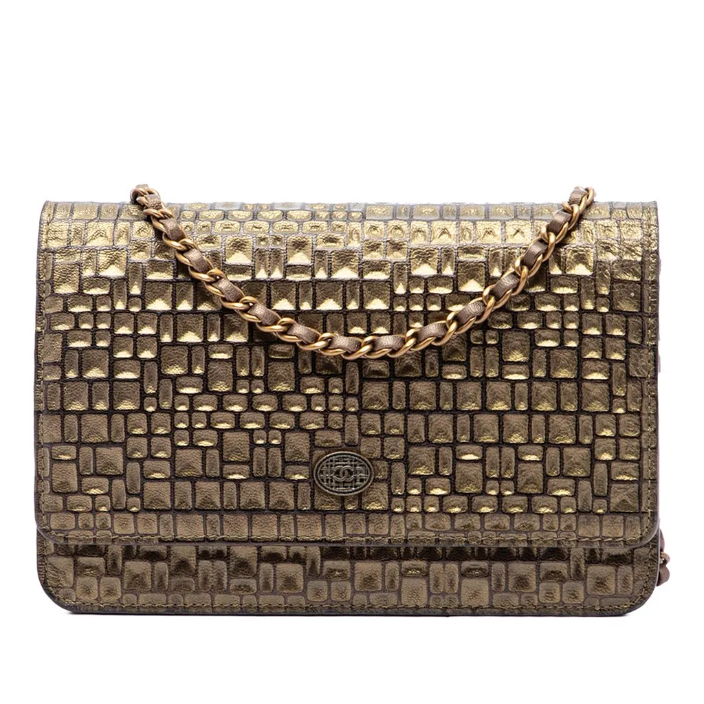 Chanel CC Embossed Metallic Lambskin Wallet on Chain Gold Leather Good - Front View