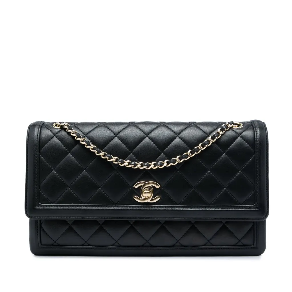 Chanel Medium Quilted Lambskin 3 Compartment Flap Black Leather Very good - Front View