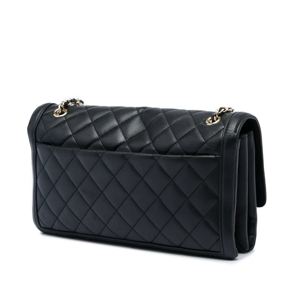 Chanel Medium Quilted Lambskin 3 Compartment Flap Black Leather Very good - Back View