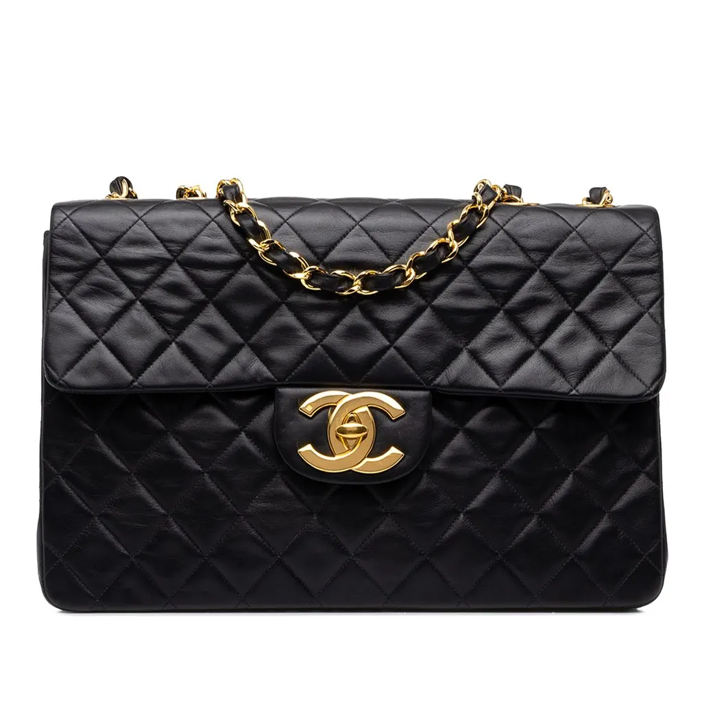 Chanel Maxi XL Classic Lambskin Single Flap Black Leather Good - Front View