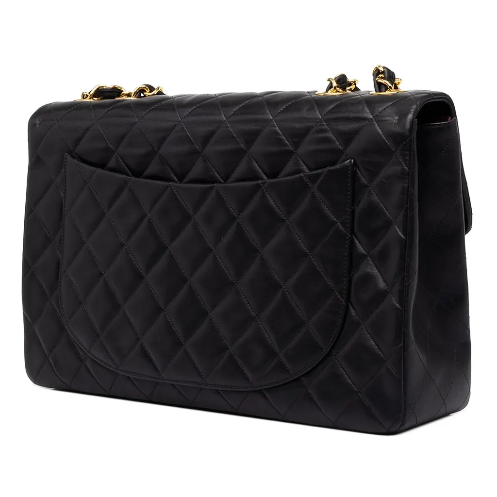 Chanel Maxi XL Classic Lambskin Single Flap Black Leather Good - Back View