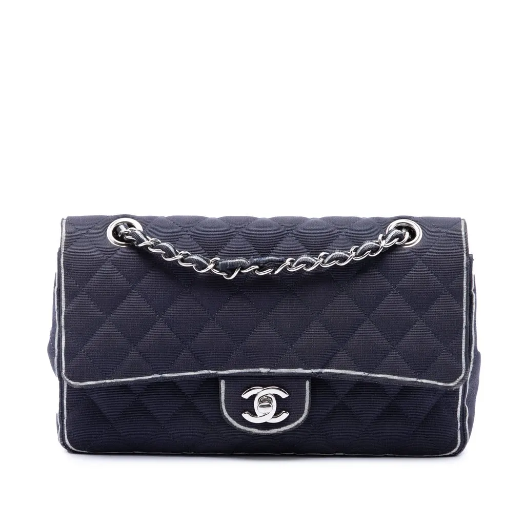 Chanel Medium Classic Printed Grosgrain Double Flap Blue Polyamide Very good - Front View
