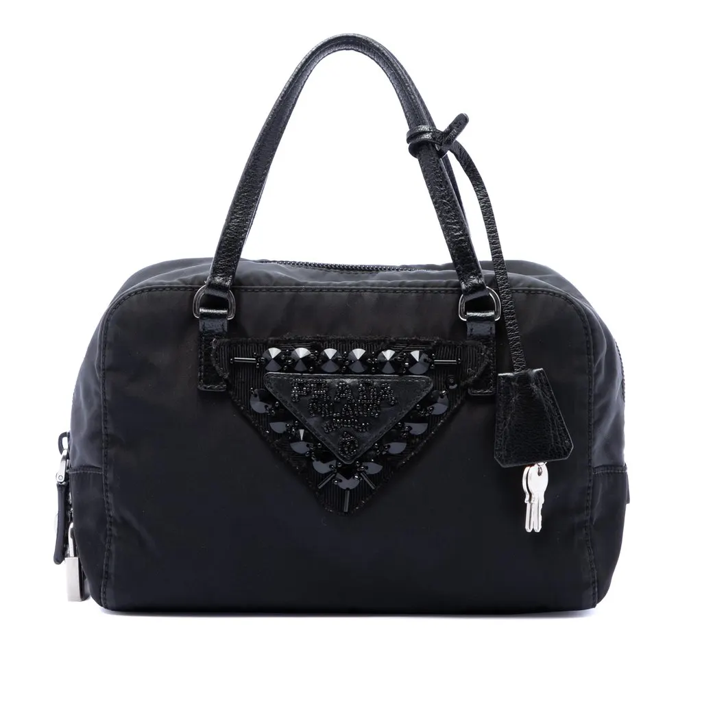 Prada Tessuto Beaded Handbag Black Very good - Front View