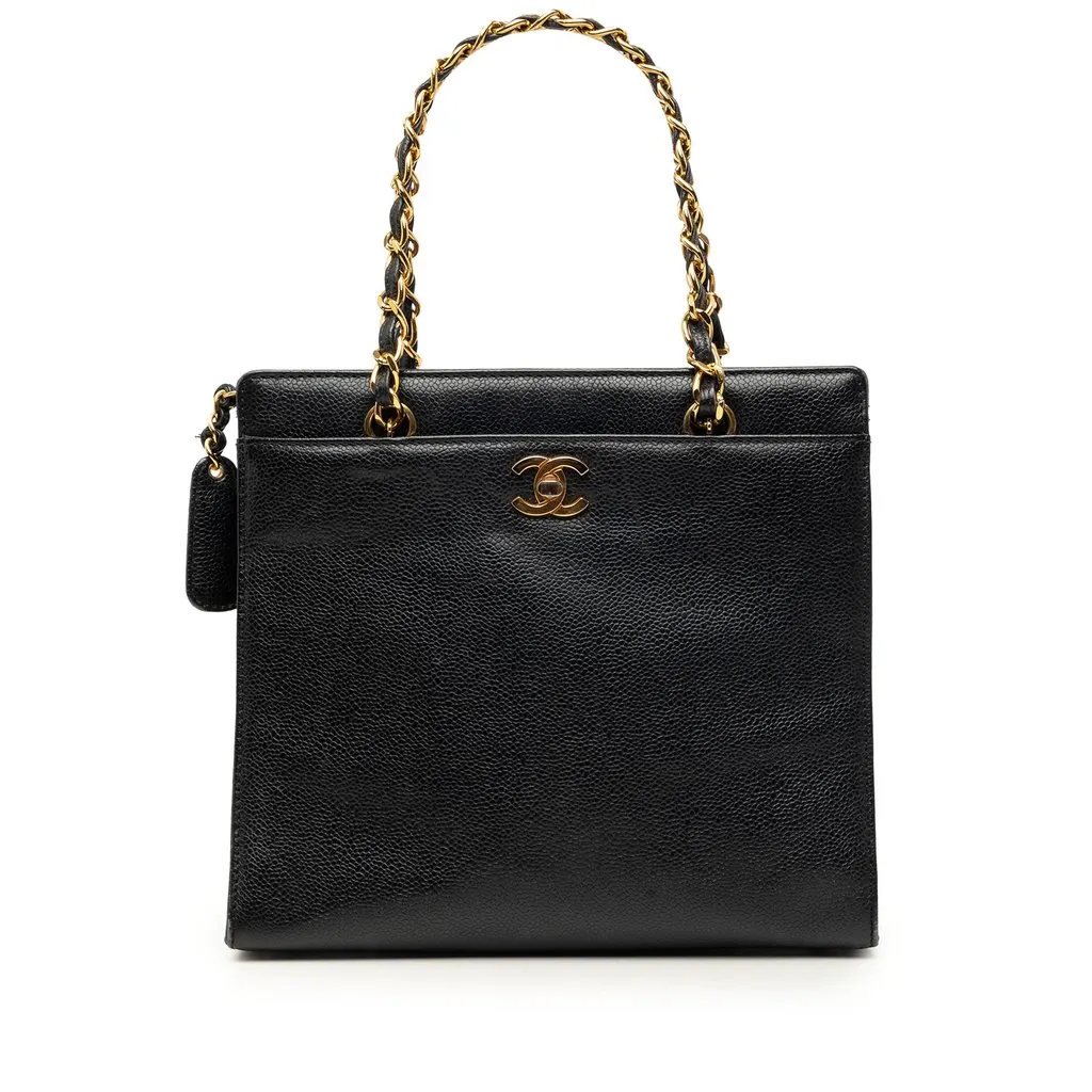 Chanel CC Caviar Chain Turn Lock Tote Black Leather Very good - Front View