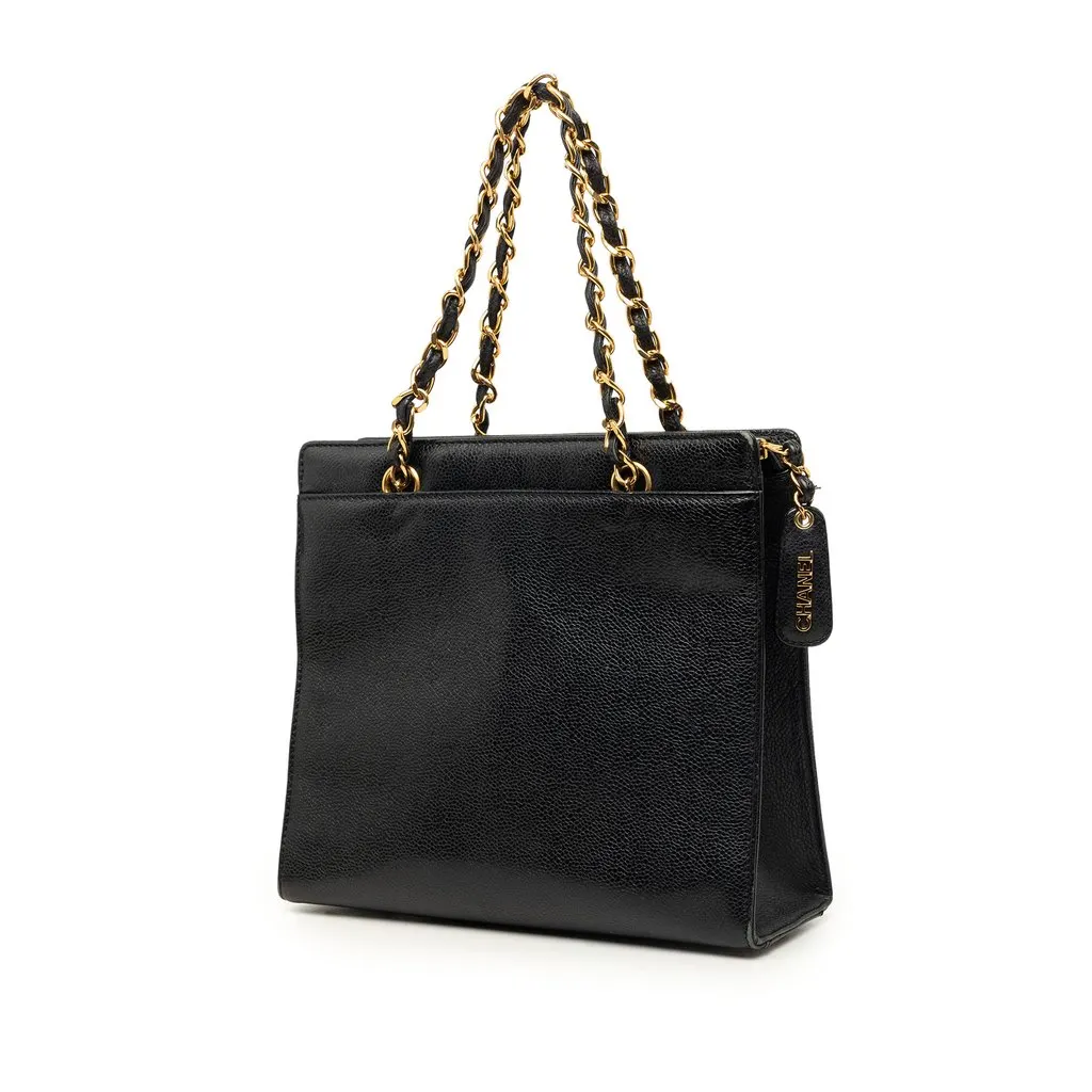 Chanel CC Caviar Chain Turn Lock Tote Black Leather Very good - Back View