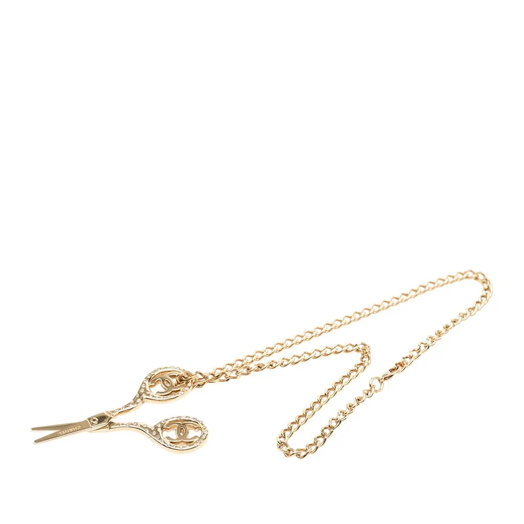 Chanel CC Gold Plated Strass Scissor Pendant Necklace Gold Metal Very good - Front View