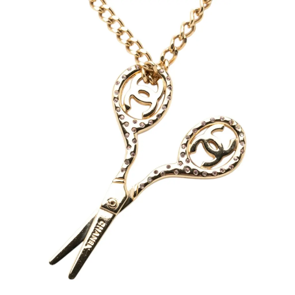 Chanel CC Gold Plated Strass Scissor Pendant Necklace Gold Metal Very good - Back View