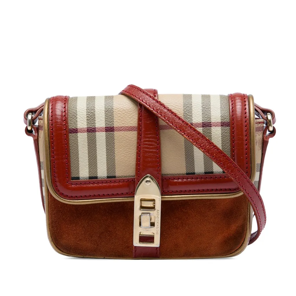 Burberry Mini Haymarket Check Coated Canvas and Suede Berkeley Crossbody Beige Good - Front View