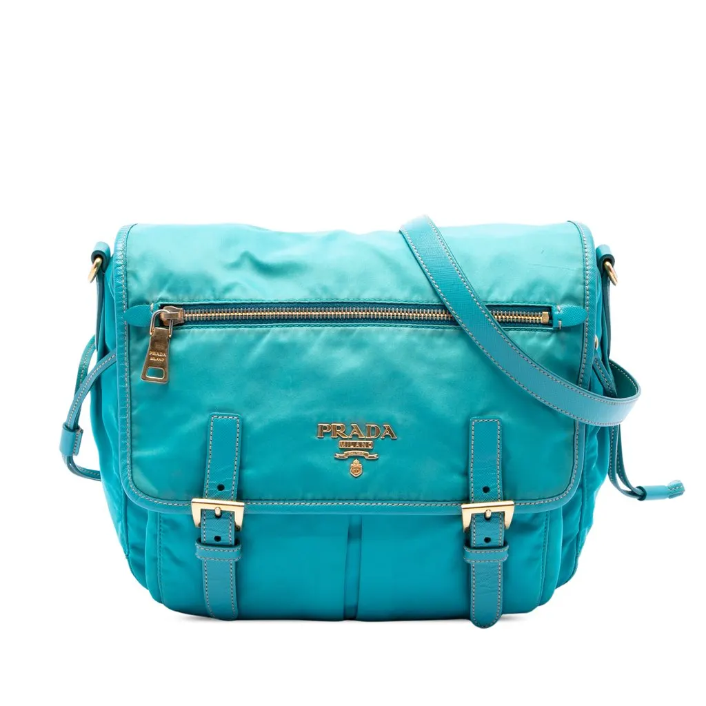 Prada Saffiano Trimmed Tessuto Zip Double Buckle Messenger Bag Blue Polyamide Good - Front View