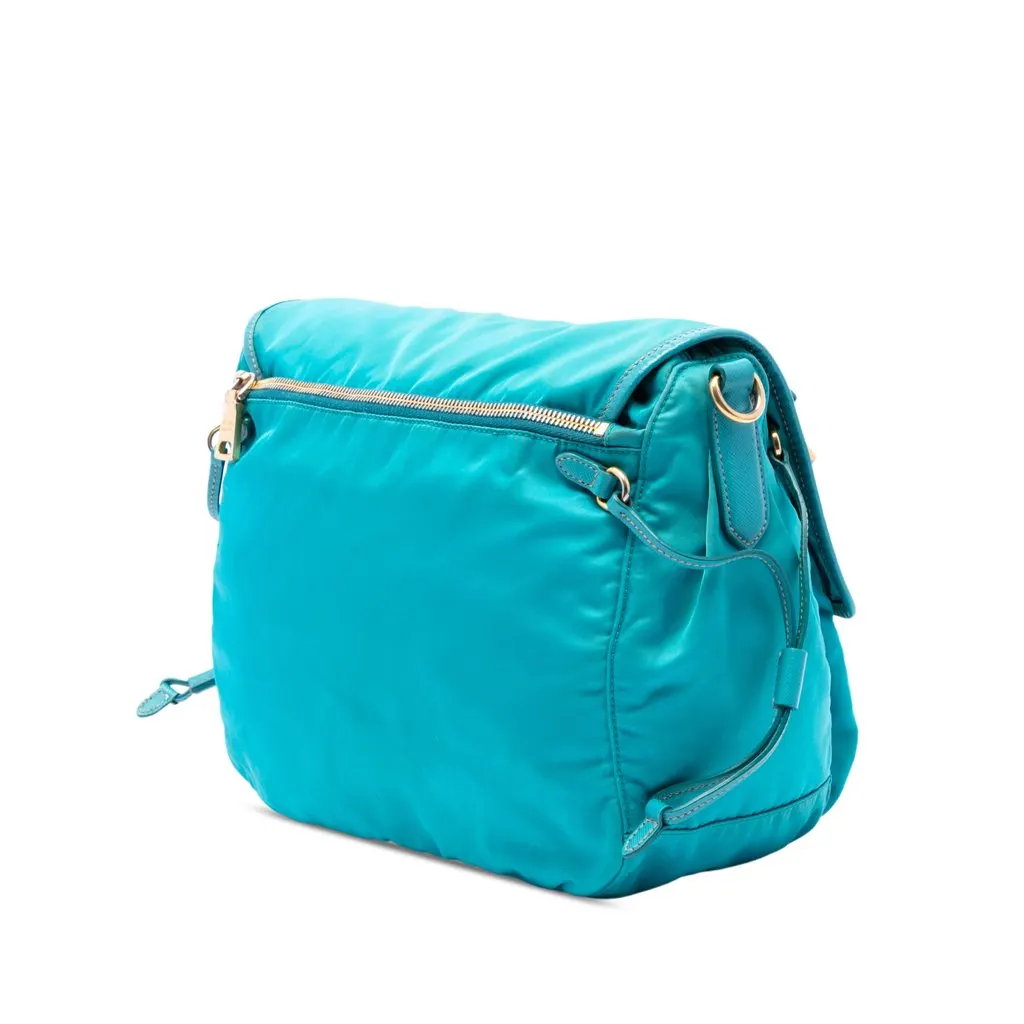 Prada Saffiano Trimmed Tessuto Zip Double Buckle Messenger Bag Blue Polyamide Good - Back View