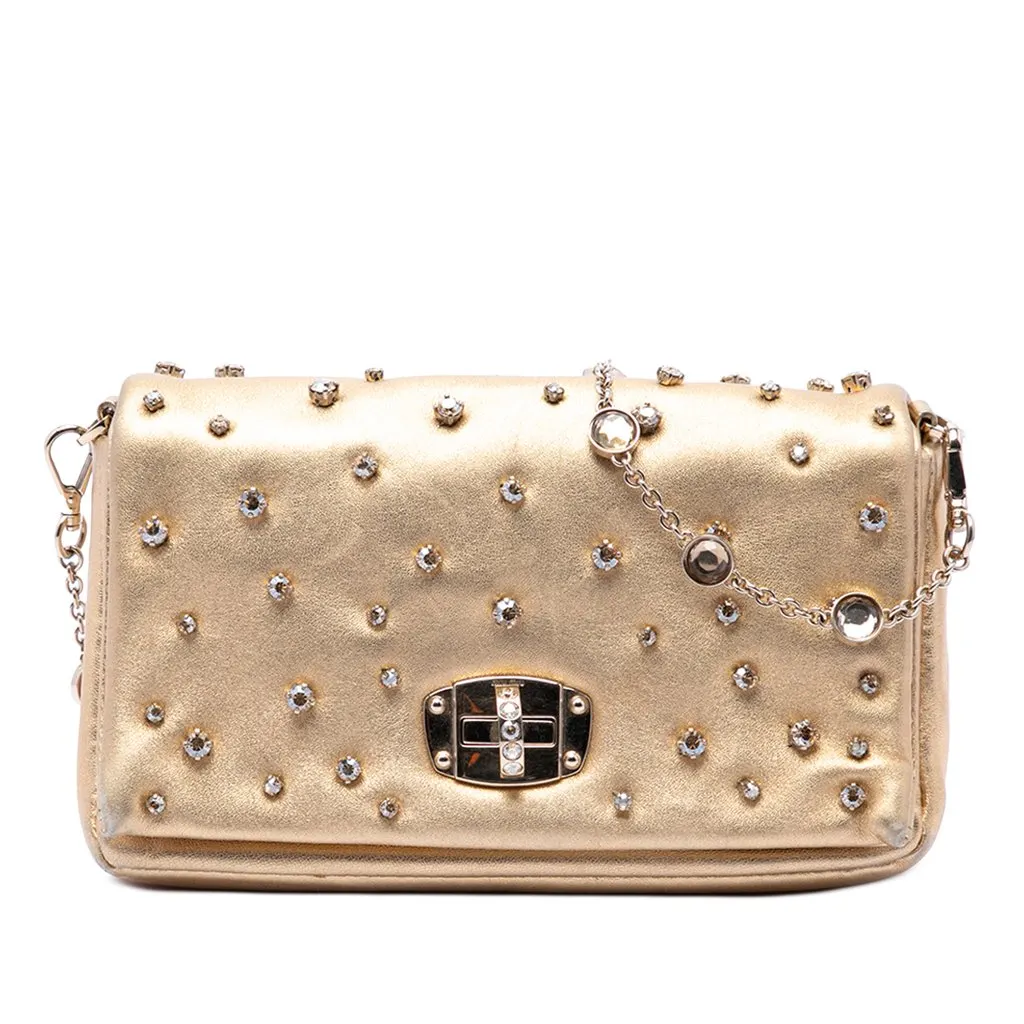 Miu Miu Metallic Nappa Strass Studded Flap Crossbody Gold Leather Very good - Front View