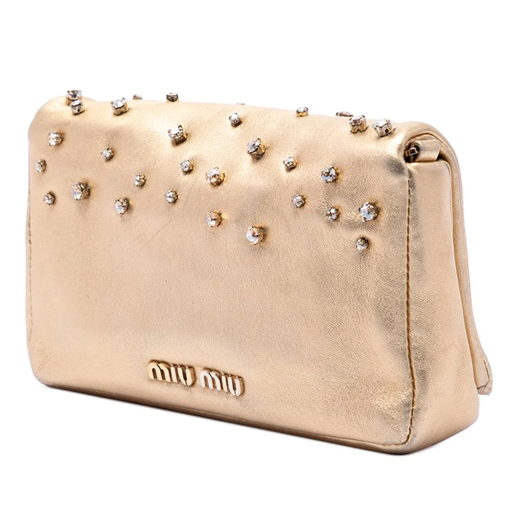 Miu Miu Metallic Nappa Strass Studded Flap Crossbody Gold Leather Very good - Back View