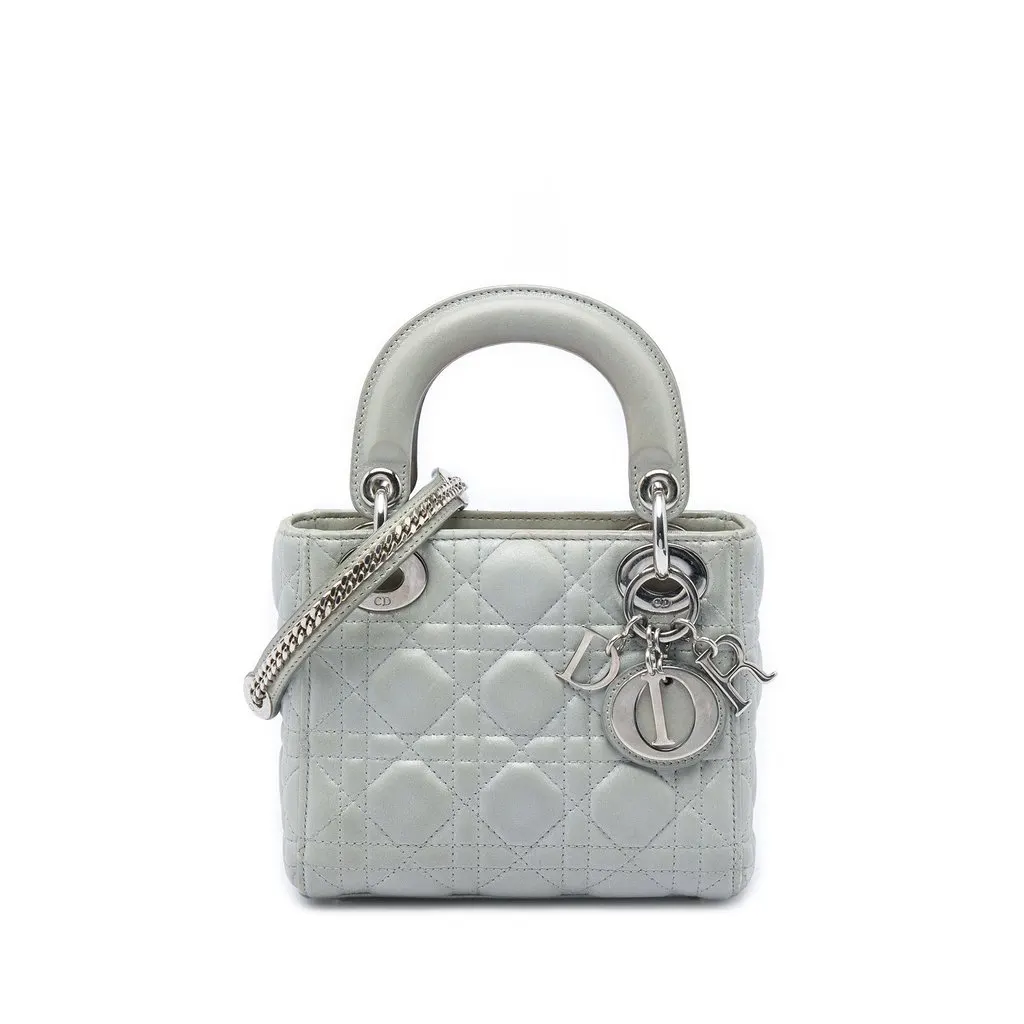 Dior Mini Iridescent Lambskin Cannage Lady Dior Silver Leather Very good - Front View