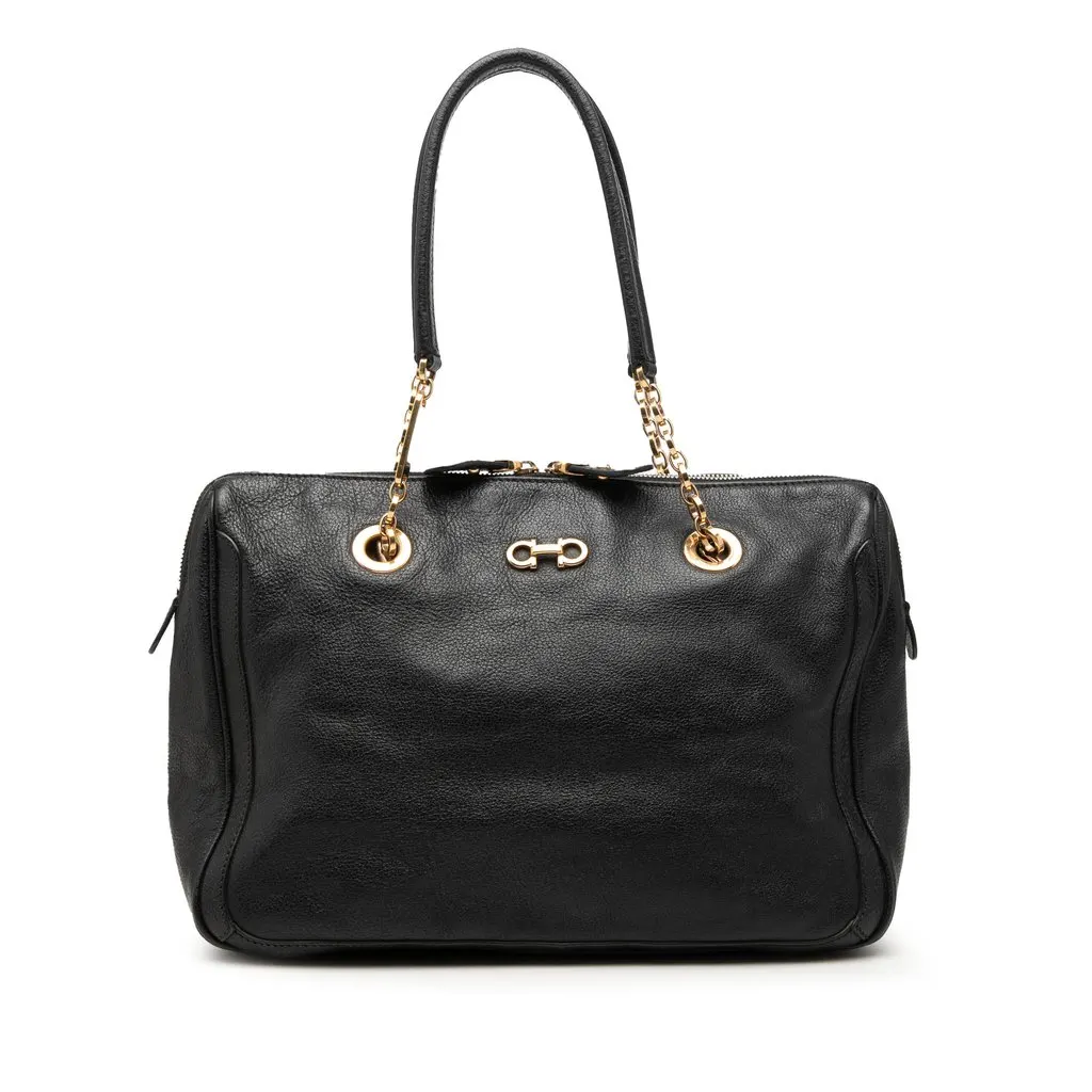 Salvatore Ferragamo Buffalo Leather Fanya Chain Tote Black Leather Very good - Front View
