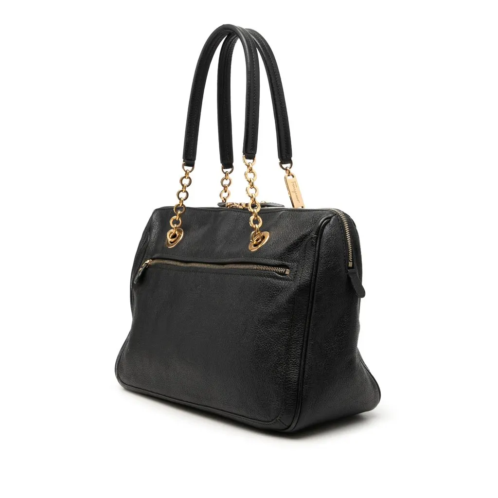 Salvatore Ferragamo Buffalo Leather Fanya Chain Tote Black Leather Very good - Back View