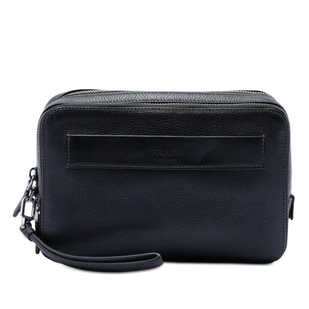 Prada Vitello Daino Clutch Black Leather Very good - Front View