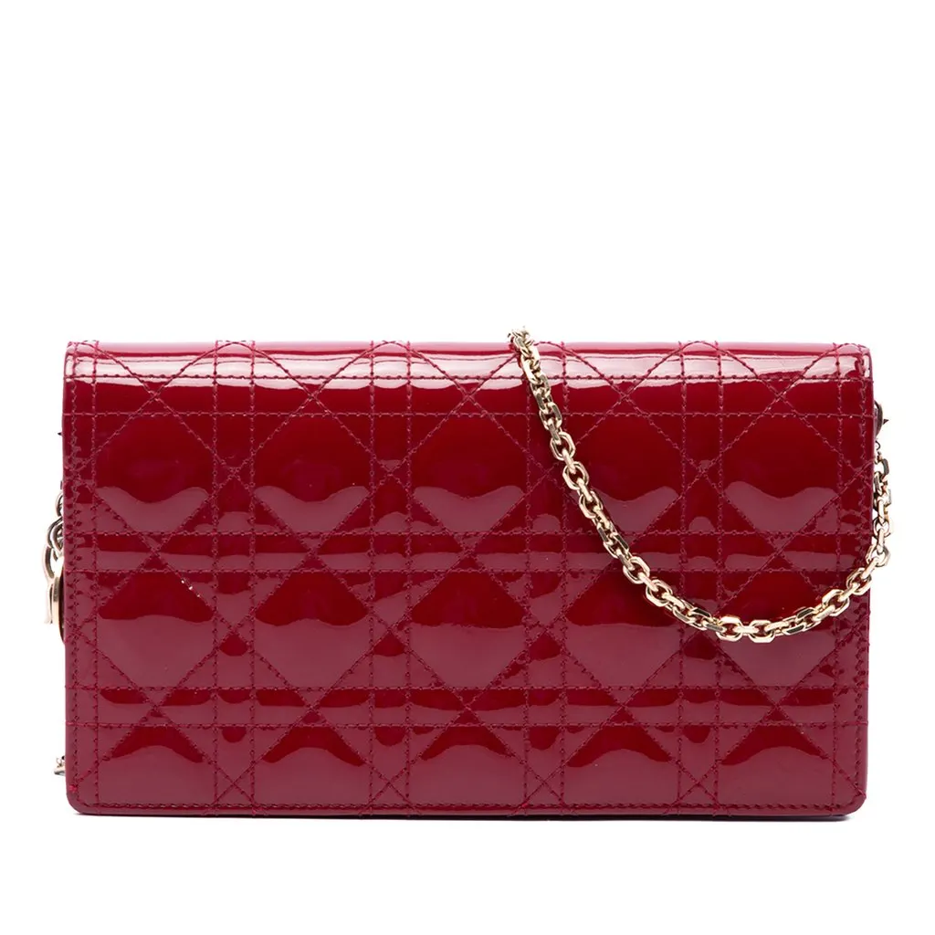 Dior Patent Cannage Lady Dior Chain Convertible Clutch Red Leather Very good - Front View