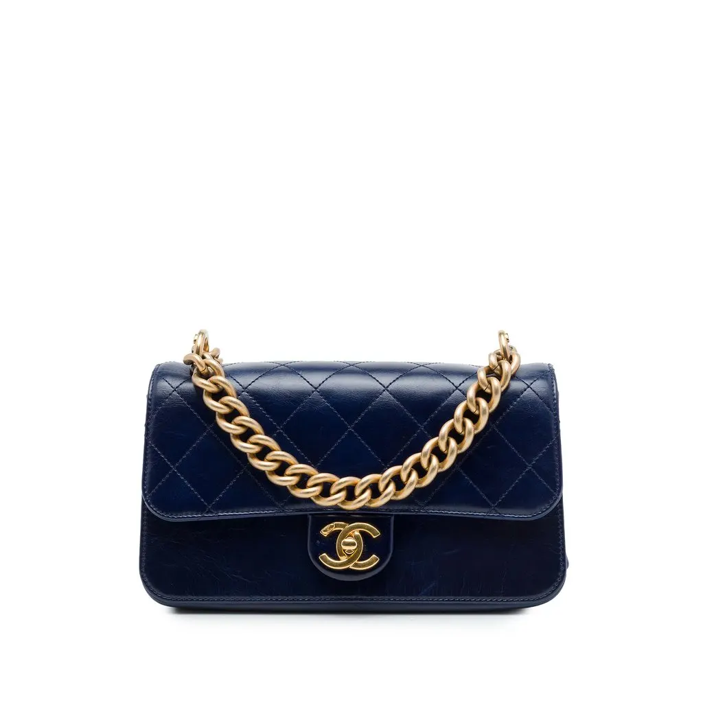 Chanel Small Quilted Calfskin Straight Lined Flap Blue Leather Very good - Front View