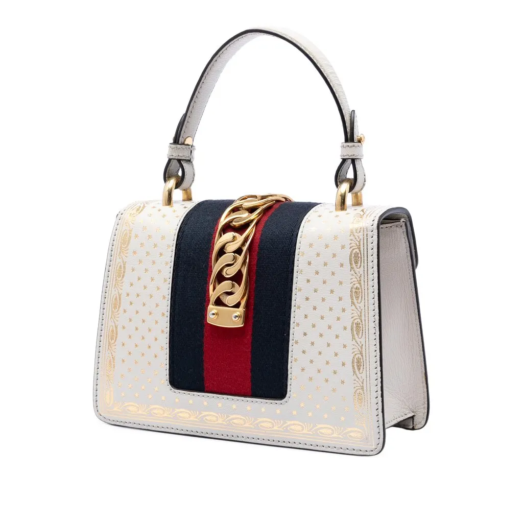 Gucci Mini Calfskin Web Star Print Sylvie Satchel White Leather Very good - Back View
