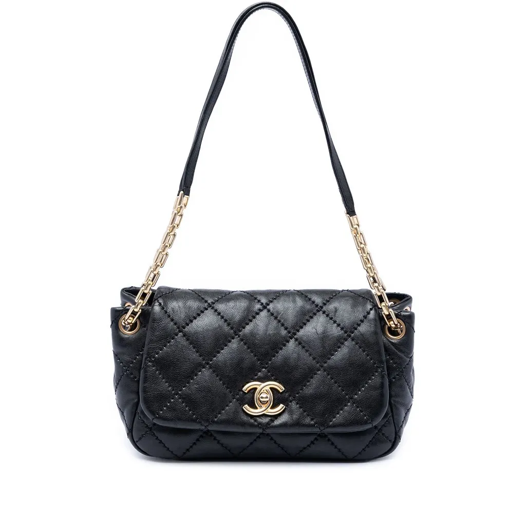 Chanel Quilted Calfskin Stitch Retro Chain Accordion Flap Black Leather Very good - Front View