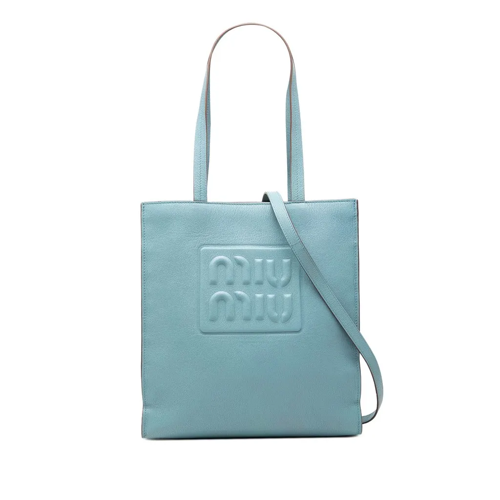 Miu Miu Goatskin Madras Embossed Logo Satchel Blue Leather Very good - Front View