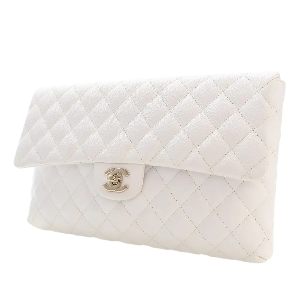 Chanel CC Quilted Caviar Flap Clutch White Leather Very good - Back View