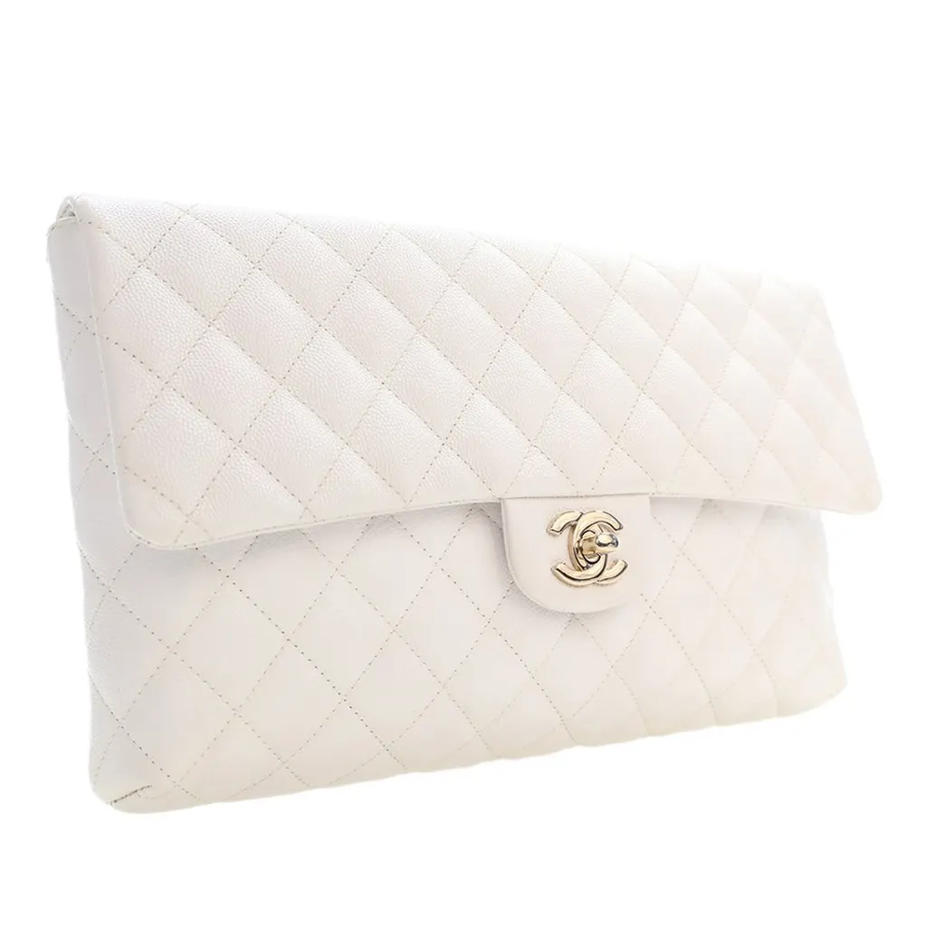 Chanel CC Quilted Caviar Flap Clutch White Leather Very good - Inside View